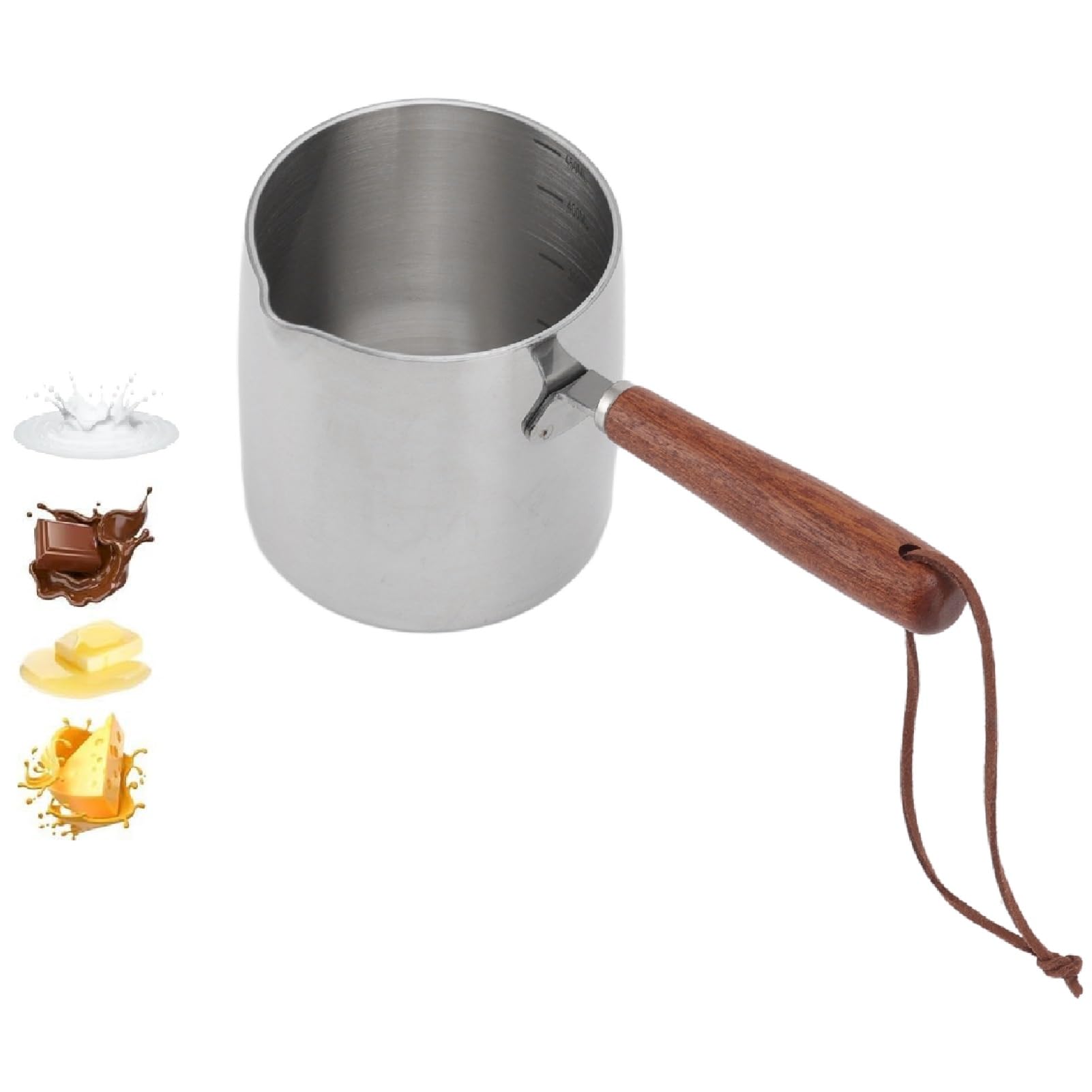 Scaldaburro da 450 ml, scaldaburro, caffettiera turca, scaldalatte, piccola casseruola in acciaio inox con manico in legno, per scaldare la zuppa di caffè, tè, cioccolato