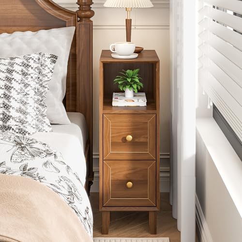 Image of Walnut Narrow Nightstand Set of 2, Mid Century Modern Small Bedside Table with 2 Drawers, Skinny Vintage Side Table, Wooden Night Stand, Slim End Table, for Living Room, Bedroom, Brown