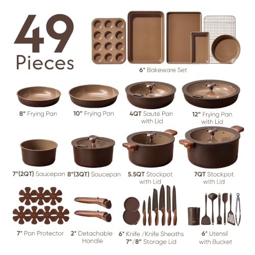 Image of CAROTE 49pcs Ceramic Cookware Set, Pots and Pans Set with Detachable Handle