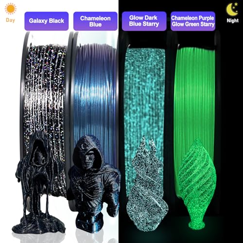 Image of YOUSU 3D Printer Filament Galaxy PETG Filament 1.75mm + /- 0.02mm,Glow in The Dark Laser Chameleon Series 3D Printing Filament Bundle,Multi Color Filament 250g X 4 Color Pack