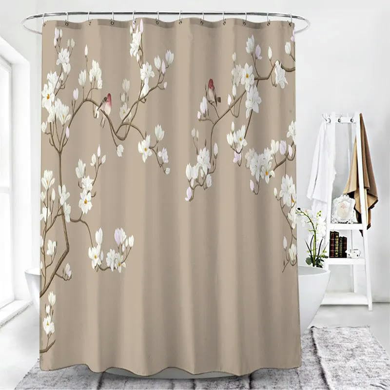 TEWAX Duschvorhang im chinesischen Stil, Blume, Vogel, wasserdicht, Badezimmervorhang, 3D-bedruckter Stoff mit Haken, Dekoration