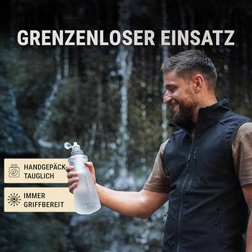 Bachgold® Squeeze Wasserfilter Outdoor – Ultraleichter Trinkwasserfilter mit Virus-Filtration für Camping, Survival, Notfall, Bushcraft | Filtert Viren, Bakterien & Mikroplastik (Weiss, 1000ml)