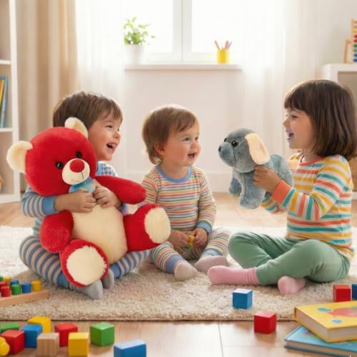 Image of Tabitha Stuffed Toys - Ultra Soft Plush Toy for Kids | Birthday Gifts for Kids and Girls | (Combo of 2 Toys 30 Cm Red Teddy & 25 Cm Grey Dog)