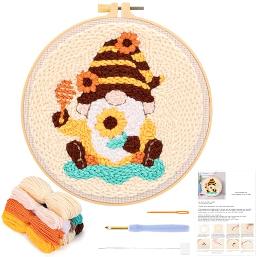 JSRQT Honey Gnomes Punch Needle Kit for Beginners, Punch Needle Embroidery Starter Kit for Adult Kids, DIY Cross Stitch Punch Needle Rug Hooking Beginners Kit with Punch Needle Tool for Home Decor
