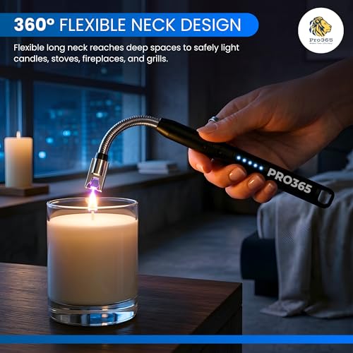 Image of PRO365 Premium Metallic 27 CMS USB Rechargeable Electric Candle Lighter | 1 Year Warranty | Windproof Flameless Arc | 360 Flexible Neck | Safety Lock & LED Indicator | Black