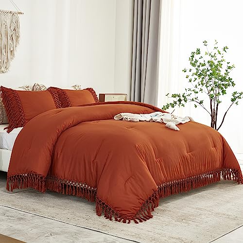 Image of Andency Comforter Full Size Set Burnt Orange, Boho Terracotta Lightweight Vintage Soft Bedding Comforter Sets, 3 Pieces Rust Bed Set (79x90In Comforter & 2 Pillowcases)