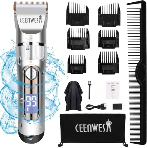 Ceenwes Professional Hair Clippers Cordless Hair Trimmer Low Noise Hair Cutting Kit Beard Trimmer IPX7 Waterproof Body Hair Removal Machine with LED Display Hairdressing Cape and Travel Bag