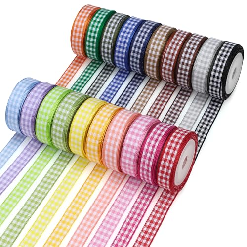 VATIN Colorful Gingham Ribbon Set 3/8 Inch x 20 Colors Total 100 Yards for Gift Wrapping CraftBirthday Decorations Baby Shower Decorations