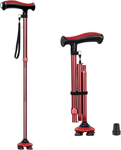 Bastón plegable con luz LED, altura ajustable, bastón ligero para ancianos, para hombres y mujeres, base cuádruple giratoria (color rojo)