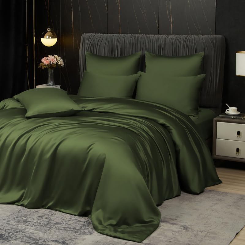 Gezu Bambus Lyocell Bettwäsche 155x220cm Olivgrün Grün 100% Bambusseide Antibakteriell Bettbezug 155x220 Bambusfasern Glänzend Bettwäsche Bamboo Luxus Bettbezug mit 2 Kissenbezüge mit Reissverschluss