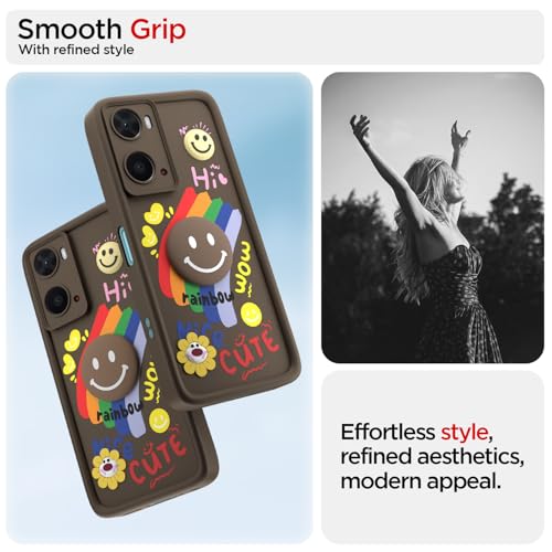 Image of Pikkme Back Cover for Oppo A76 / Oppo A96 / Oppo A36 | Soft Silicone| Cute Rainbow Smile & 3D Cartoon Flower Design | Shockproof Raised Camera Protection Bumper Case (Brown)