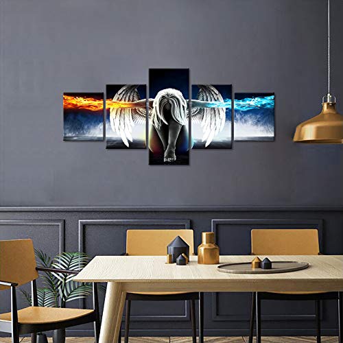 5 Panels Canvas Wall Art Fire And Ice Angel Wings Of Contemporary Girl Painting Abstract Woman Pictures Posters And Prints Artwork Decor For Living Room Bedroom Office Framed Easy To Hang (50"Wx24"H) #TOP3