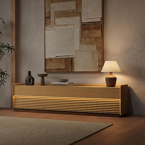 Image of POVISON 79 inch Fully Assembled Mid Century Modern TV Stand with LED Lights, Media Console with 6 Drawers, Wood Slatted Entertainment Center, No Assembly Required, Fits 75-85 Inch TV