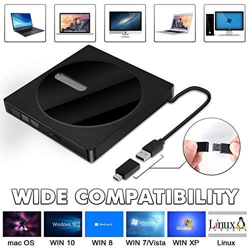 External CD/DVD Drive for Laptop USB 3.0 Portable CD/DVD +/-RW Drive Slim DVD/CD ROM Rewriter Burner (Black)