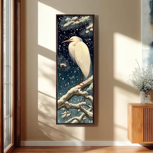 Art mural vertical aigrette blanche pour salon zen et décoration de style japonais