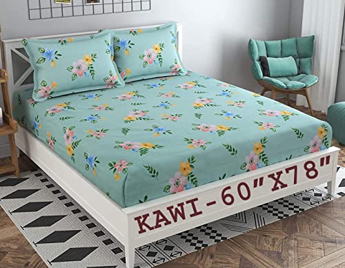 Image of KAWI Elastic Fitted BEDSHEET Queen Size Cotton Feel (Fits 78 X 60 X up to 8 Inch Size) - Light Green Colour