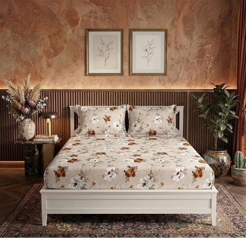 Image of BSB HOME 210 TC Cotton Double Bedsheet with 2 Pillow Covers, Soft Breathable Fabric, Elastic Fitted Sheet, Wrinkle Resistant, Deep Pocket Fit - 78 x 72 + 10 Inches (Sandy Beige)