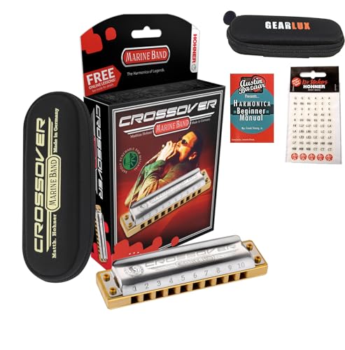 Hohner Marine Band Crossover Harmonica - Key of C Bundle with Case, Zip Pouch, Key Stickers, Instructional Manual and Austin Baz