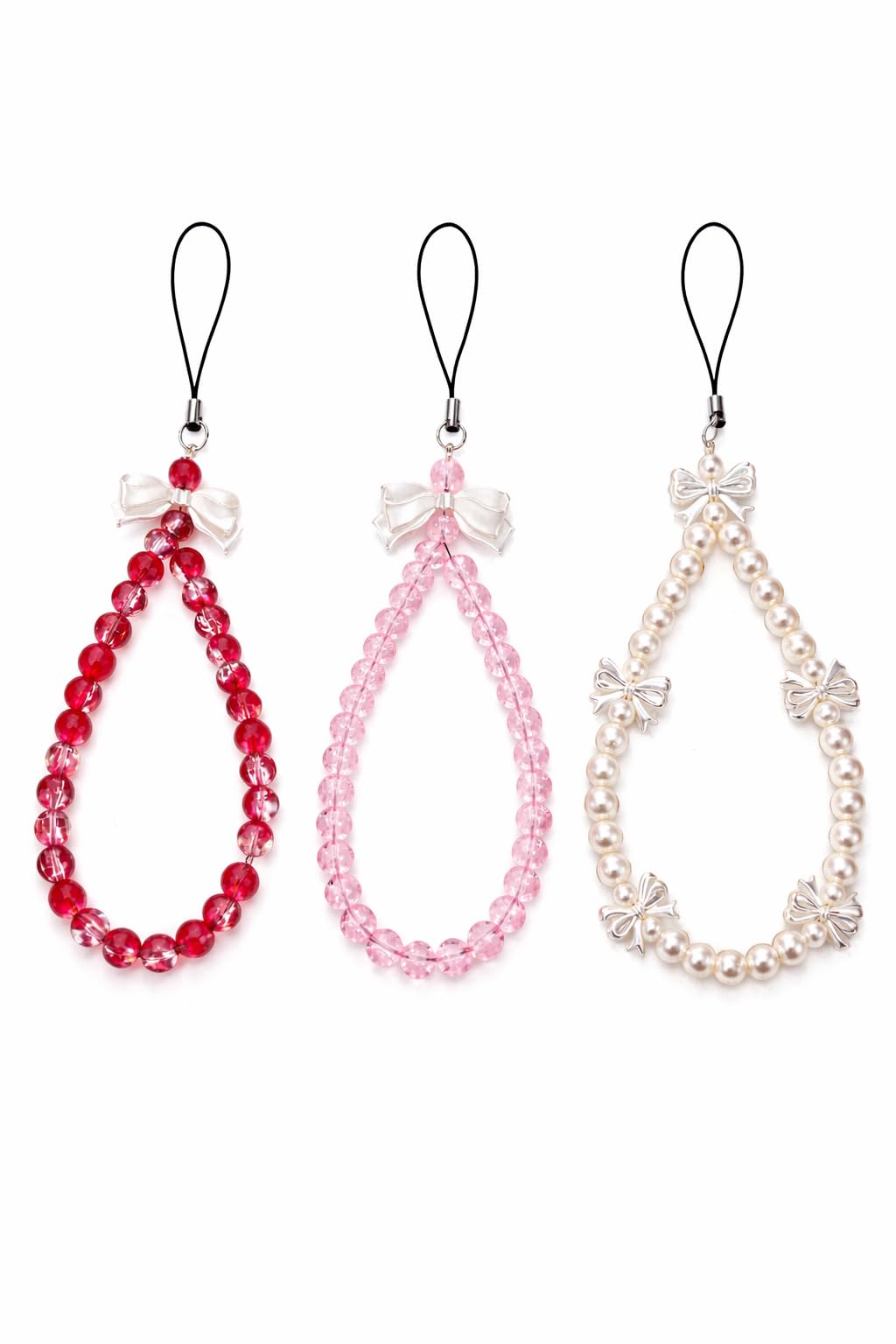 Pack of 3 Phone Beads Strap with Bow Charm Crystal Red Soft Pink-image-41