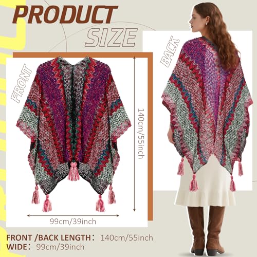 2 Pcs Women's Knit Vintage Ethnic Tassel Stripe Poncho Knitted Shawl Wrap Open Front Poncho Cardigan Kimono with Fringe for Fall Winter Casual Loose Fringe Blanket Scarf Coat Wedding Gift2