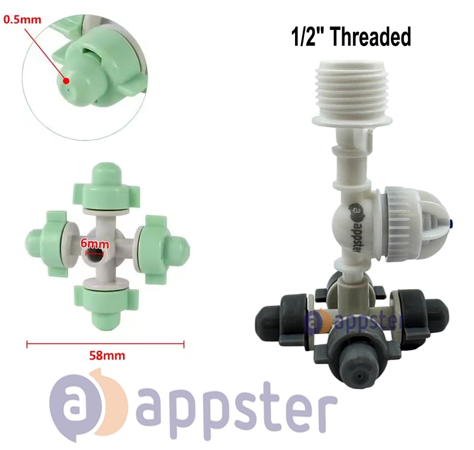 Image of 10pcs 4-Way Fogger Assembly Complete 1 /2 inch Threaded with Anti-Drip Check Valve for Garden, Greenhouses, Mist Cooling, Stable & Poultry Farm - 10pcs