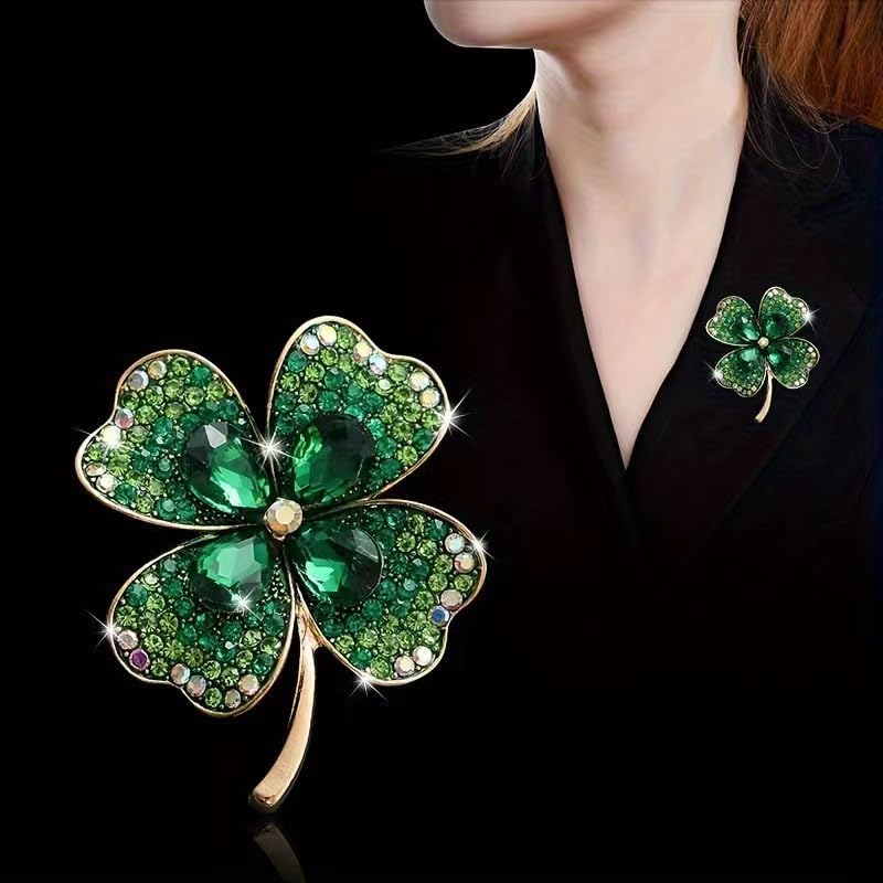 Image of Rhinestone Clover Leaf Brooch Pin, Green Four Leaf Clover Pin Shamrock Lapel Pin, Gold Plated Vintage Crystal Flower Brooches