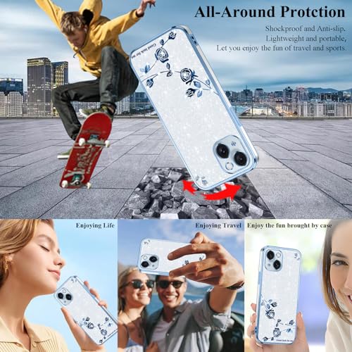 Coque pour iPhone 15 Plus esthétique transparente avec fleurs et paillettes