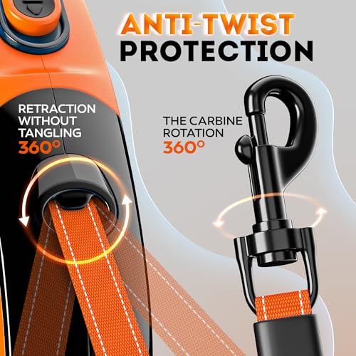Retractable Dog Leash 18.2 ft – Chew Proof Cable Included – 360° Tangle-Free Design – Heavy Duty Reflective Leash – Soft Anti-Slip Grip Outdoor for Small Medium & Large Dogs up to 110 lbs (Orange) - Image 5