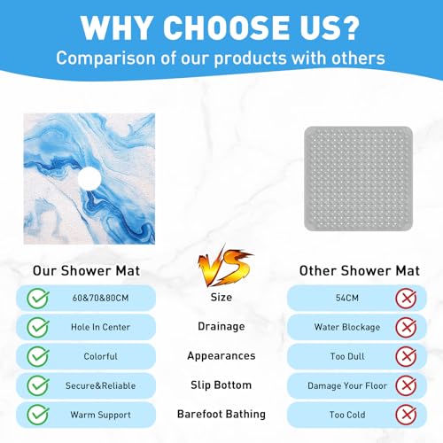 Image of Square Shower Mat Non Slip: 36 x 36 Inch Extra Large Shower Mats with Drain Hole in Middle - PVC Loofah Anti Slip Shower Floor Matt for Inside Shower
