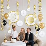 Gold Birthday Party Decorations Kit – 13PCS White & Metallic Gold Hanging Paper Fans, Foil Swirls & Fringe Garland for Adults, Teens, Kids, Milestone Golden Birthday Backdrop Decor - Image 4