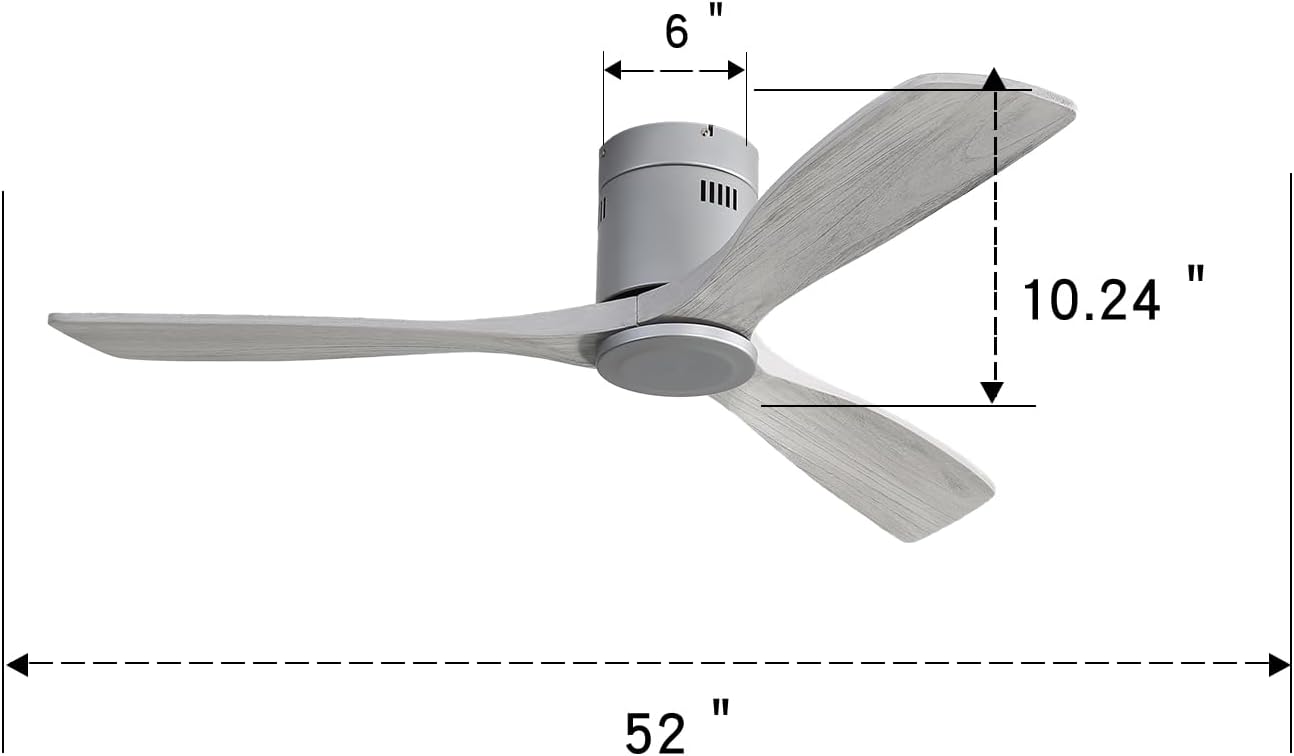 52 Inch Flush Mount Ceiling Fan DC 3 Carved Wood Fan Blade Noiseless Reversible Motor Remote Control Without Light