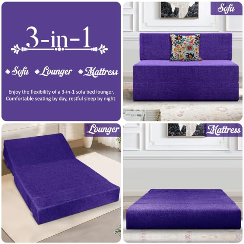 Image of Los Angeles Foldable One Seater Sofa Cum Bed, Sofa Bed 3 X 6 Feet Jute Fabric Washable Cover- Including Cushion Perfect for Living Room - Purple