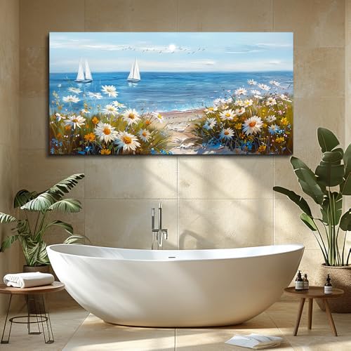 PHAOHUAXM Large Blue Ocean Landscape Canvas Printing Picture Wall Art For Living Room Farmhouse Dinin Mural White Flowers Bedroom Office Wall Decor Home Decor Painting Easy To Hang 30x60 Inches