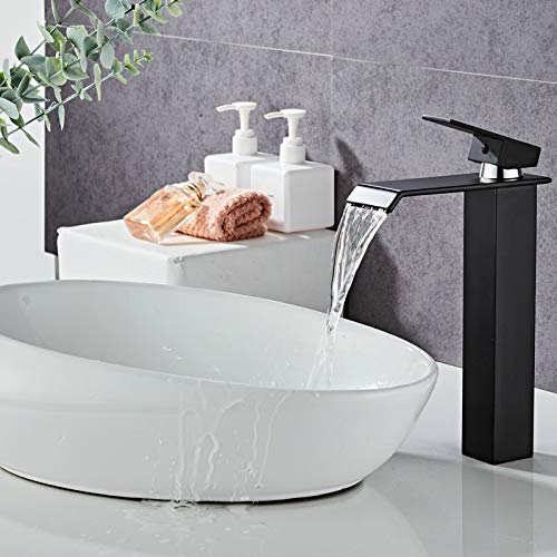 Mitigeur cascade en laiton massif noir et or rose pour lavabo haut de gamme