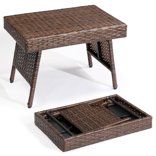 VINGLI Outdoor Folding Rattan Side Table, Portable Wicker End Table for Patio, Garden, Poolside, and Indoor Use, Mix Mocha