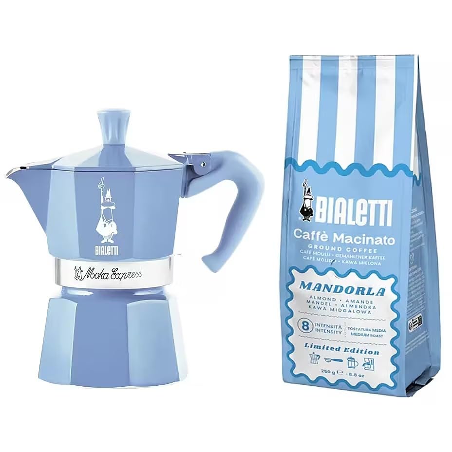Bialetti Moka Express   Juego de cafetera de aluminio para 3 tazas de color turquesa con café molido y almendra, 250 g, sabor a almendra