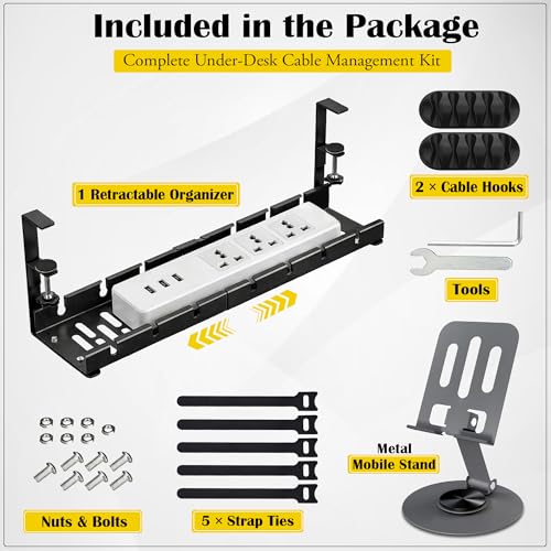 Image of Under Desk Cable Management Tray with Mobile Stand, Metal Wire Organizer Rack, Adjustable 3-in-1 Cable Holder with Velcro Strips, Screws, Allen Key & 4 Cable Protectors