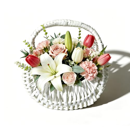 White Wicker Rattan Flower Girl Basket Wedding Flower Basket Cute Rattan Wicker Basket Wicker Storage Basket Decorative Baskets for Home Decor