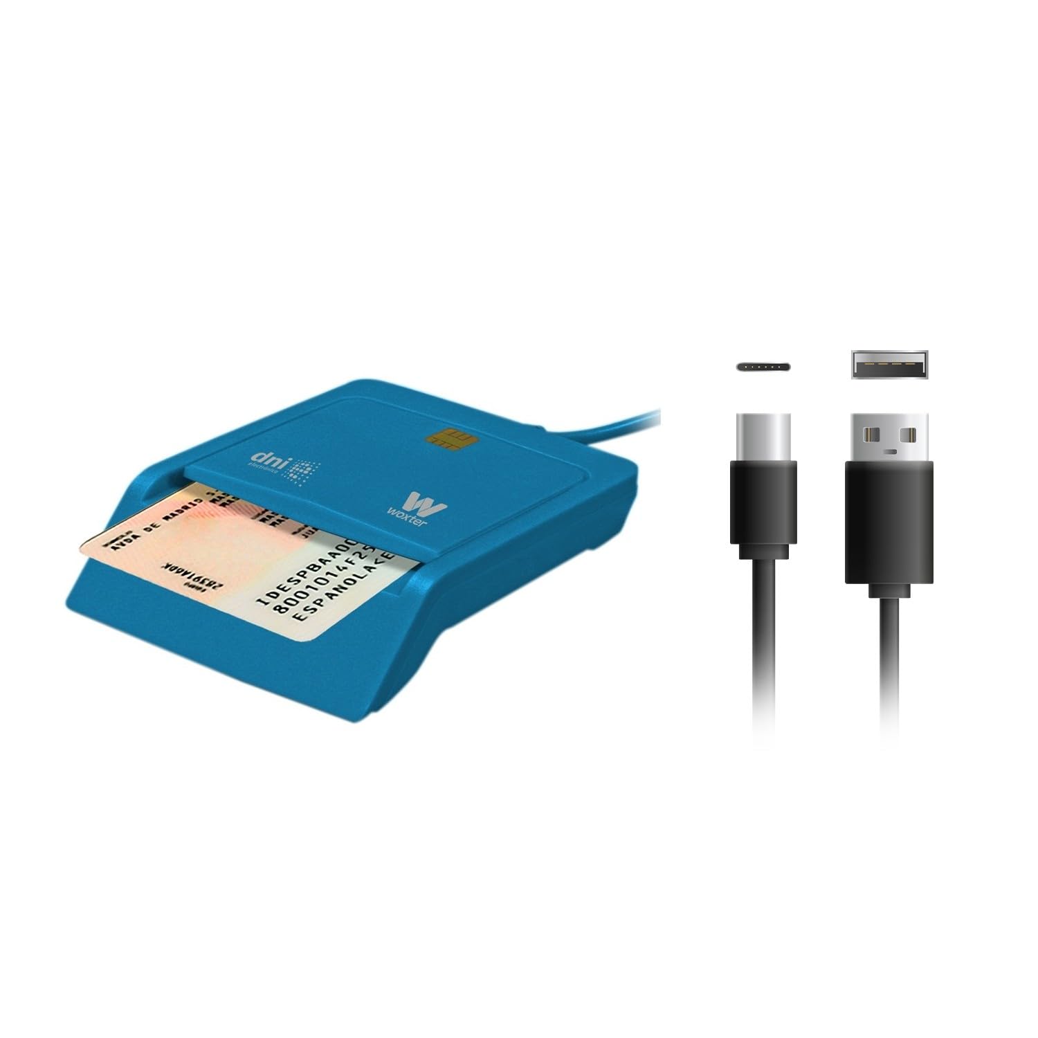 Woxter Electronic DNI Reader with Type C Connection – Smart Electronic DNI, DNI 3.0 and 4.0, Type C, Compatible with PC and Mac, Includes Type C to USB A Adapter