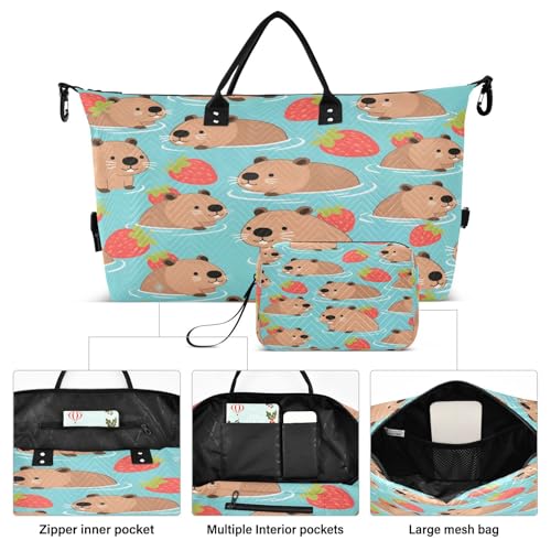 Travel Duffle Bag Weekender Bags Overnight Bag with Toiletry Bag Gym Duffel Bag Red Strawberry Cute Capybara for Travel Business Trips Sport2