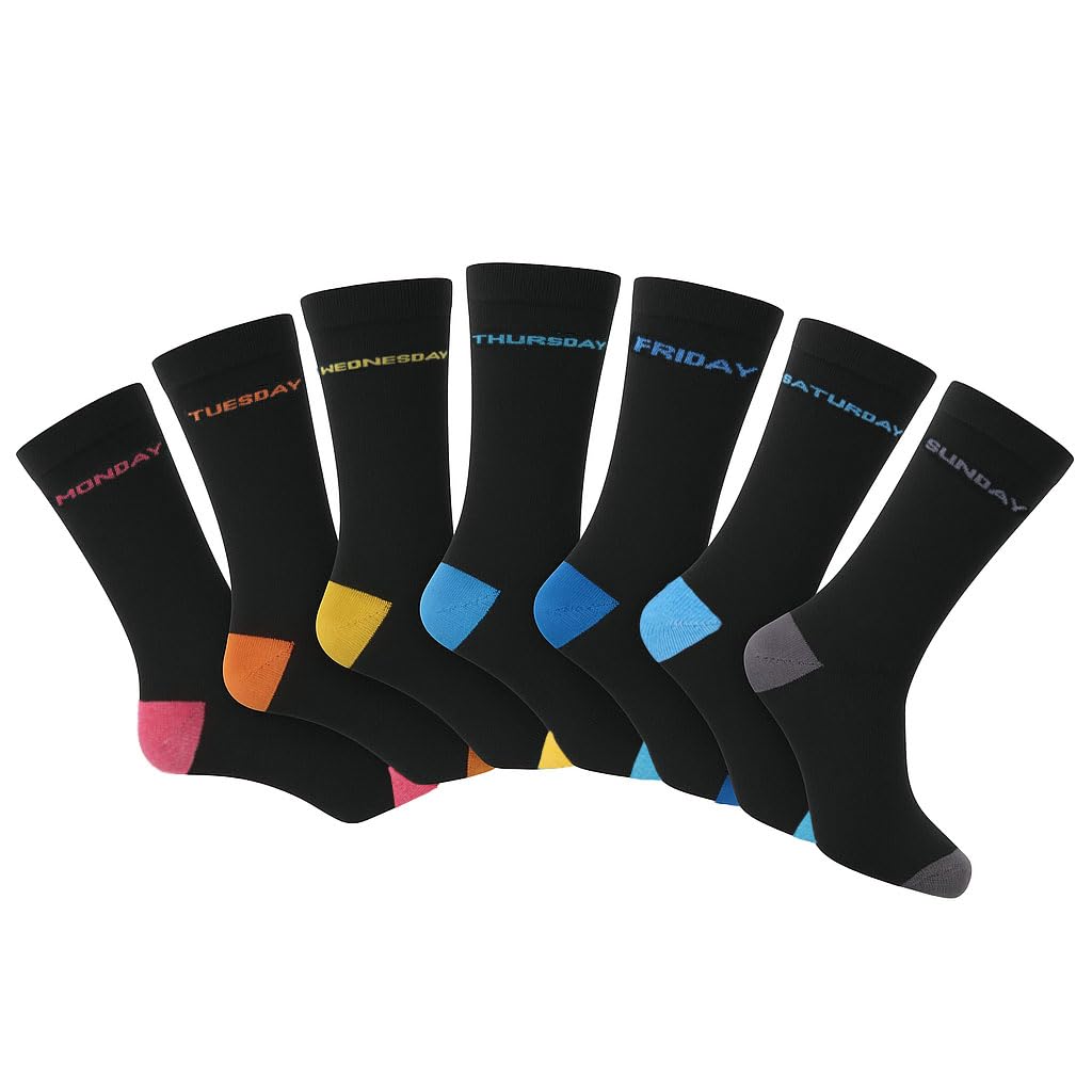 Pierre Klein Men's Black With Multi Colour Heel And Toe 7 Pairs - Days Of The Week Socks – Novelty Cotton Rich Comfy Socks, Coloured Heel & Toe – Uk Size 6–11 | Eur 39–46