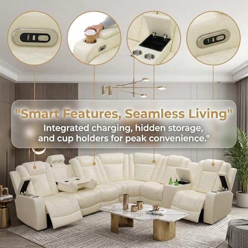 Image of Power Reclining Sectional Sofa for Living Room,Modern L-Shaped Air Leather Sectional Couch Set,Recliner Sofa Set,with LED Lights,Cup Holder,Storage,Charging Ports,Home (White, Sectional)