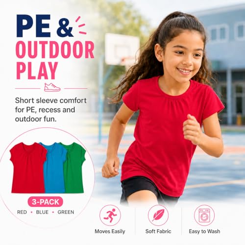 Image of Bienzoe Plain Solid Girls T-Shirts: School Basic Tee 3-Pack | Short Sleeve, Ages 4-13, PE, Recess, Outdoor Play, Soft Cotton Blend, Breathable Quick-Dry, Easy Care, Easy to Mix and Match