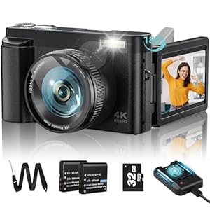 Upgrade 4K Digital Camera for Photography 48MP with 3” 180° Flip Screen 16X Zoom Autofocus Vlogging Camera for YouTube, Compact Point and Shoot Cameras with 32G Card, 2 Batteries & Battery Charger