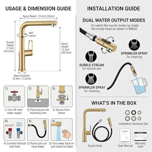 Image of INART Matt Gold Kitchen Faucet - Brass Pull Out Sink Mixer Tap with Dual Flow Sprayer, 360 Swivel Spout & Hot Cold Water Control
