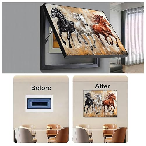 Image of Electric MCB Box Cover Frame With Hydraulic Decorative White 3 Running Horse Painting Electrical Panel box Cover, Switch Box Frame Will Fit Max 15x20 inch Switch Board, Outer Box Size 17X23 Inch
