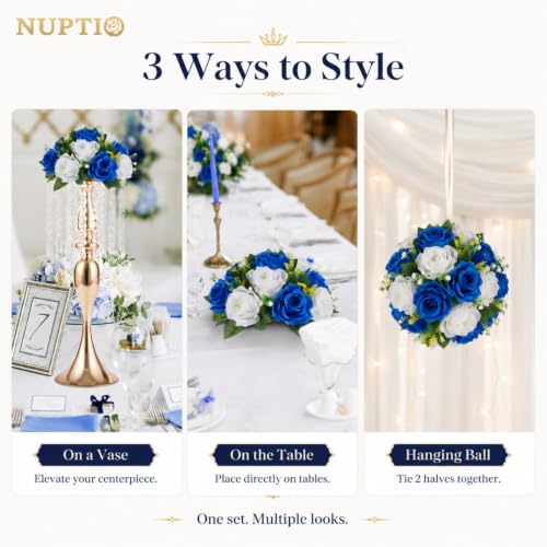 Image of NUPTIO Flower Balls Centerpieces for Tables: Royal Blue White Fake Roses