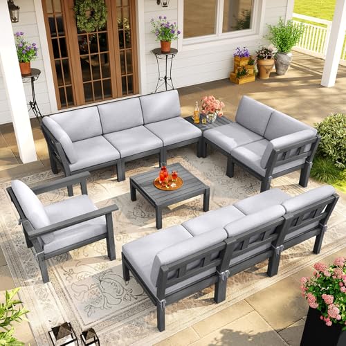 Image of Modular Outdoor Patio Furniture Coffee Table, HIPS All-Weather Outdoor Sectional Sofa Table, Side Interlock for Expansion, Patio Side Table for Backyard, Balcony, Deck (Grey)