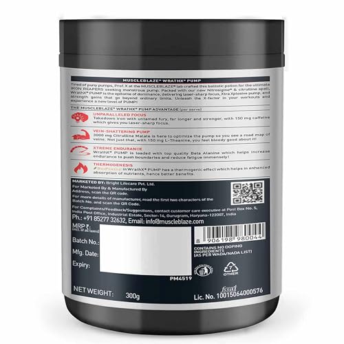 Image of MuscleBlaze Pre Workout WrathX PUMP with Nitrosigine & L-Citrulline (Orange Overdrive, 30 Servings, 300g)