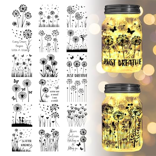 GLOBLELAND 18 Sheets Dandelion Transfer Stickers 3.9x3.6inch Flowers and Plants Decals Stickers Dandelion Butterfly Rub on Transfer for Furniture Vase Glass Mason Jars Decorations Art Crafts